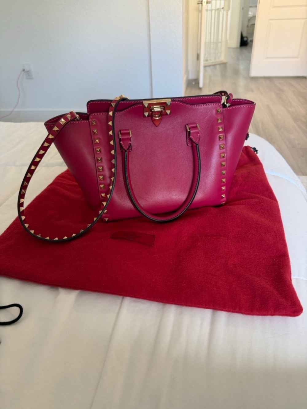 Valentino Garavani Hot Pink Rockstud Satchel with Gold-Tone Hardware